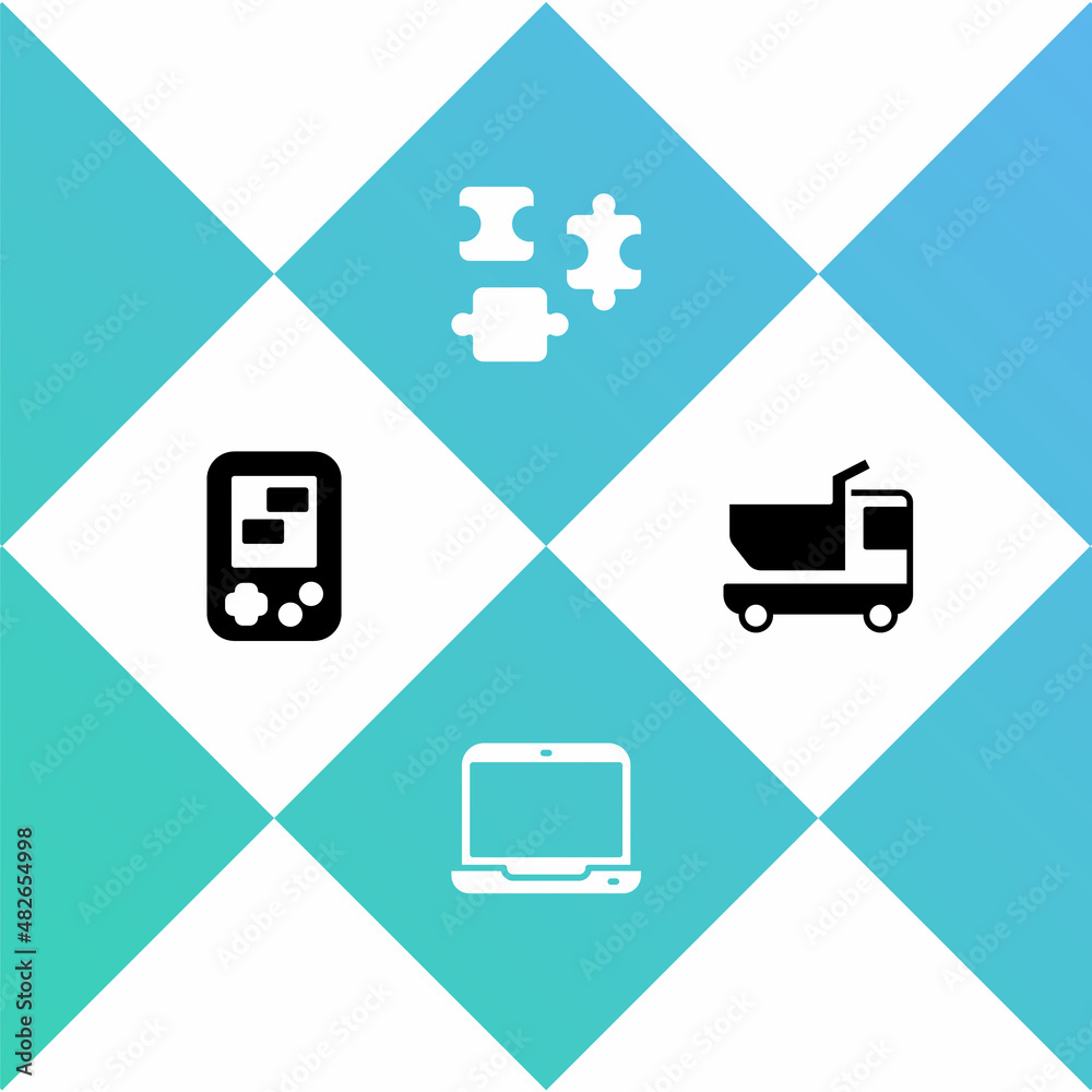 Set Tetris electronic game, Laptop, Puzzle pieces toy and Toy truck icon. Vector Set Tetris electronic game, Laptop, Puzzle pieces toy and Toy truck icon. Vector