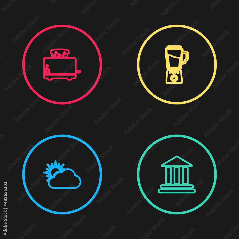 Set line Sun and cloud weather, Bank building, Blender and Toaster with toasts icon. Vector Set line Sun and cloud weather, Bank building, Blender and Toaster with toasts icon. Vector
