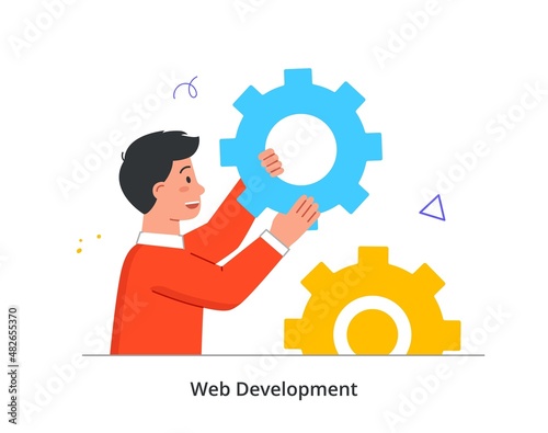 Website development abstract concept. Young man turns cog and configures program files of site. Male character improves performance of digital product. Cartoon modern flat vector illustration