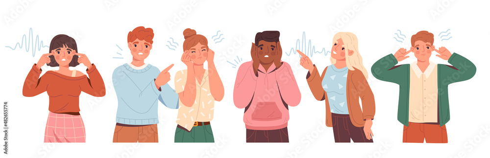People closing and plugging ears with hands and fingers. Set of men and women sensitive to loud sounds. Characters ignore annoying voices. Cartoon flat vector collection isolated on white background People closing and plugging ears with hands and fingers. Set of men and women sensitive to loud sounds. Characters ignore annoying voices. Cartoon flat vector collection isolated on white background