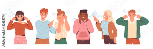 People closing and plugging ears with hands and fingers. Set of men and women sensitive to loud sounds. Characters ignore annoying voices. Cartoon flat vector collection isolated on white background