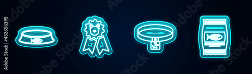 Set line Pet food bowl, Dog award symbol, collar and Bag of for cat. Glowing neon icon. Vector