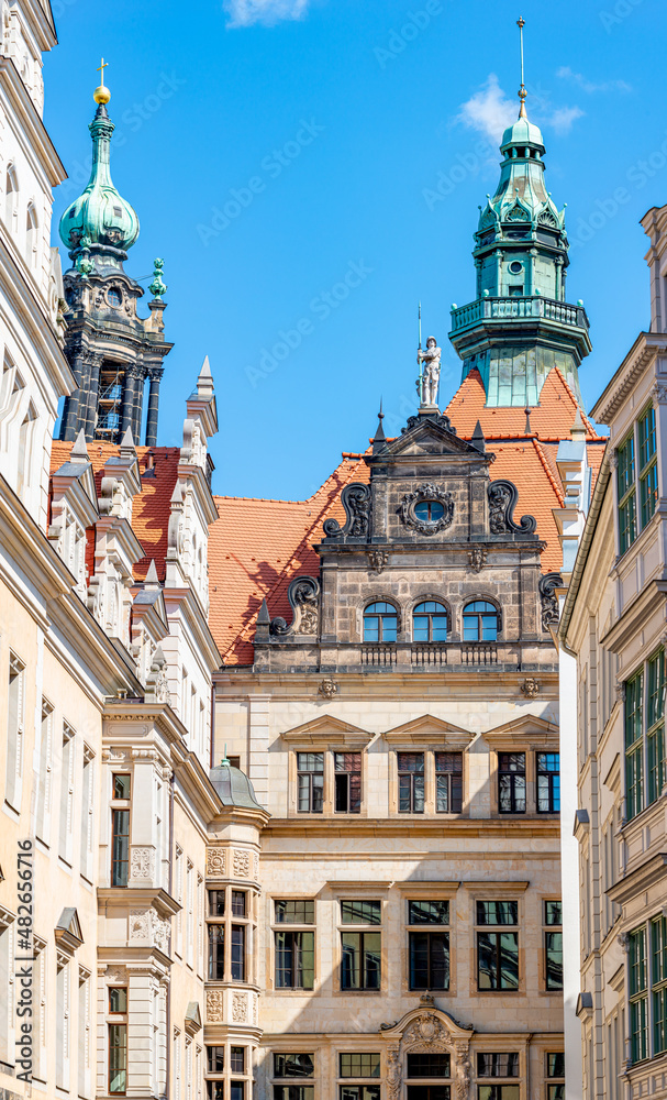 Catholic Cathedral of Holy Trinity, Hofkirche in downtown of Dresden in summer sunny day with blue sky, Germany, details, closeup.