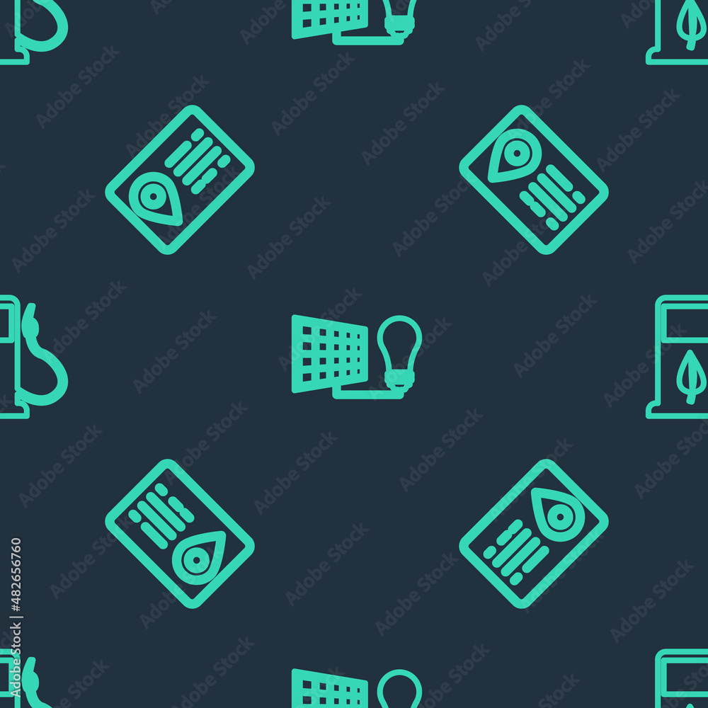Set line Solar energy panel and light bulb, Address book and Bio fuel with fueling nozzle on seamless pattern. Vector Set line Solar energy panel and light bulb, Address book and Bio fuel with fueling nozzle on seamless pattern. Vector