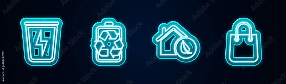 Set line Lightning with trash can, Battery recycle, Eco friendly house and Shopping bag. Glowing neon icon. Vector Set line Lightning with trash can, Battery recycle, Eco friendly house and Shopping bag. Glowing neon icon. Vector