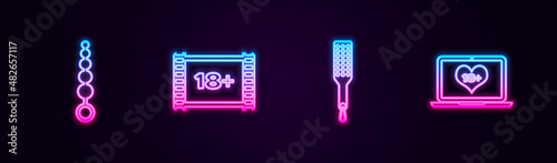 Set line Anal beads, Play Video with 18 plus, Spanking paddle and Laptop content. Glowing neon icon. Vector