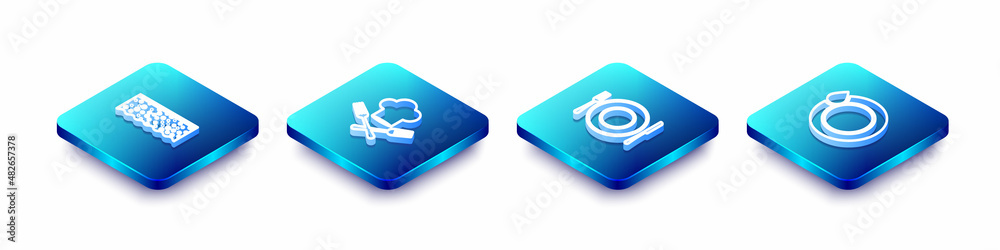 Set Isometric line Sponge with bubbles, Chef hat and fork, Plate, knife and Washing dishes icon. Vector Set Isometric line Sponge with bubbles, Chef hat and fork, Plate, knife and Washing dishes icon. Vector