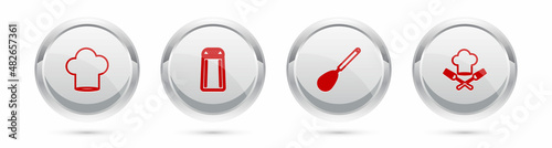 Set line Chef hat, Salt and pepper, Kitchen whisk and fork. Silver circle button. Vector
