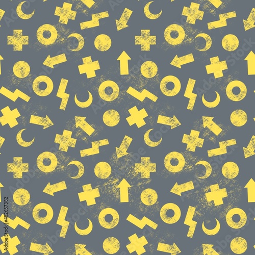 Seamless tech pattern with yellow elements on a grey, faded background. © d_odin