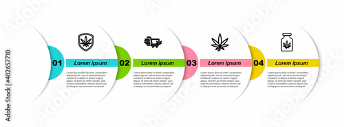 Set line Shield and marijuana, Shopping cart with, Marijuana or cannabis leaf and Medical bottle. Business infographic template. Vector