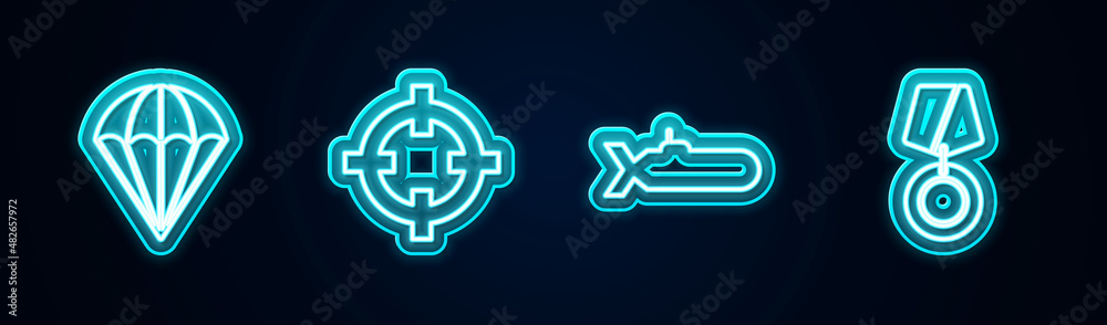 Set line Parachute, Target sport, Submarine and Military reward medal. Glowing neon icon. Vector Set line Parachute, Target sport, Submarine and Military reward medal. Glowing neon icon. Vector