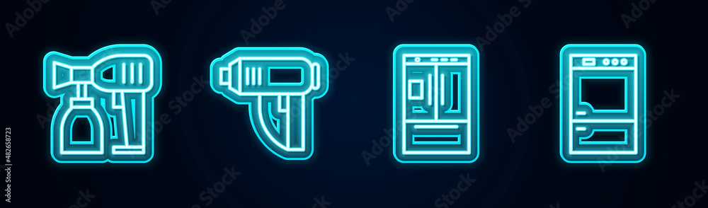 Set line Paint spray gun, Electric industrial dryer, Refrigerator and . Glowing neon icon. Vector Set line Paint spray gun, Electric industrial dryer, Refrigerator and . Glowing neon icon. Vector