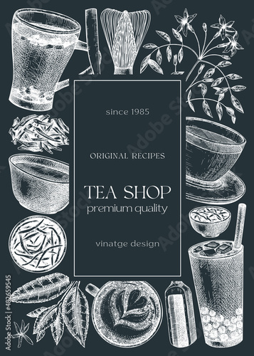 Hand-sketched tea drinks card or invitation template on chalkboard. Vintage teacups, glasses, leaves, flowers hand drawings frame. Tea beverages flyer design. Perfect for menu, label, packaging.