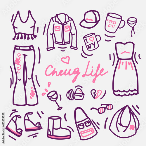 The life of cheug. Outdated things that love cheug. A set of elements in the style of doodles.