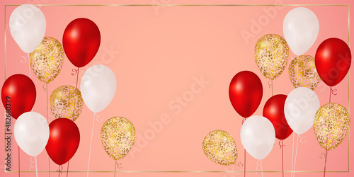 Golden glitter, red and white realistic balloons on pink background, vector holiday banner template