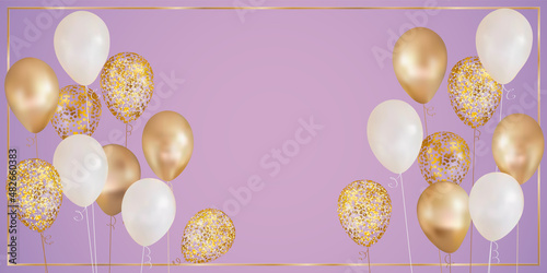 White and golden realistic balloons on violet background, vector greeting card backdrop template