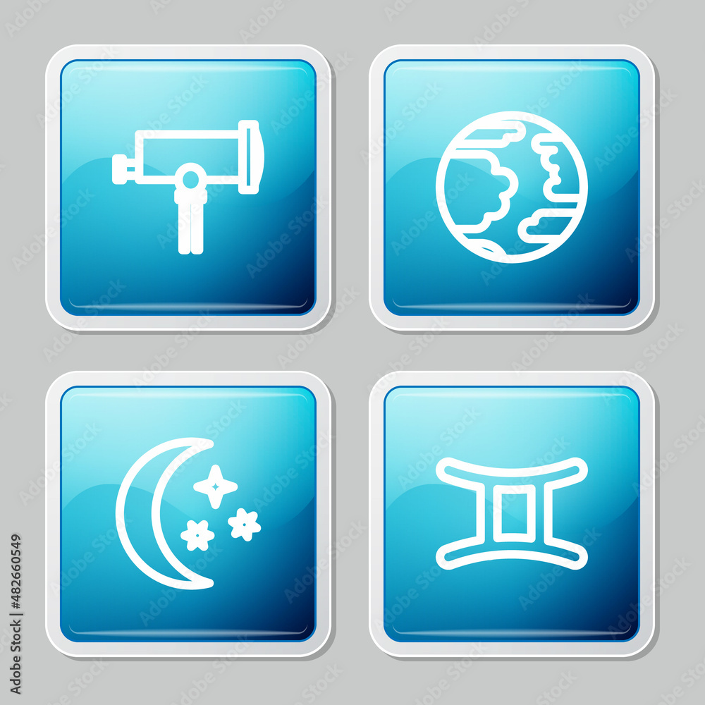 Set line Telescope, Planet Mercury, Moon and stars and Gemini zodiac icon. Vector Set line Telescope, Planet Mercury, Moon and stars and Gemini zodiac icon. Vector