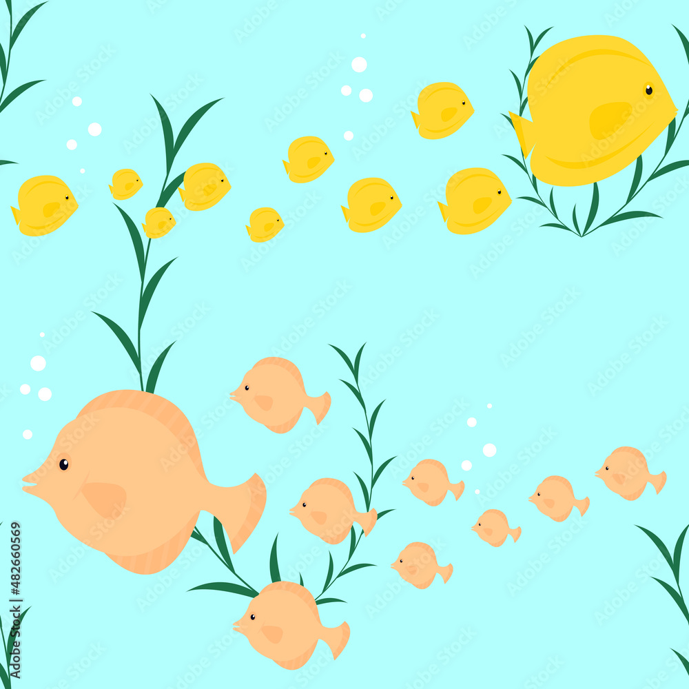 seamless multicolored pattern of a flock of marine fish. Vector illustration of the underwater world in a flat style