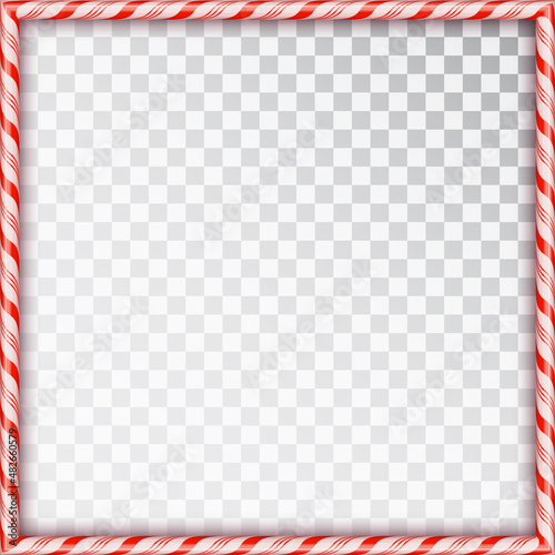 Square frame made of candy canes. Blank Christmas border with red and white striped lollipop pattern isolated on transparent background. Holiday design