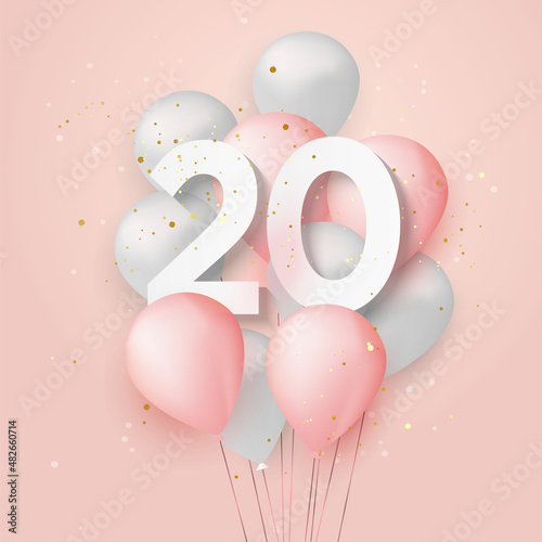 Happy 20th birthday balloons greeting card background. 20 years anniversary. 20th celebrating with confetti. Vector stock