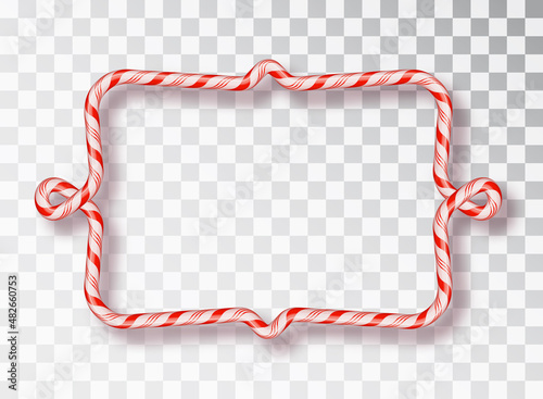 Candy Cane Frame. Blank Christmas border with red and white striped lollipop pattern isolated on transparent background. Holiday design