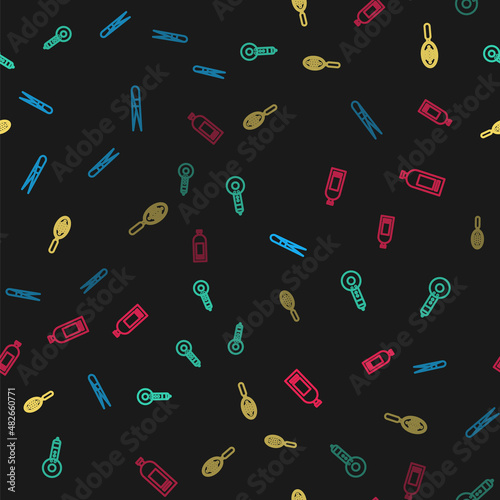 Set line Eyebrow tweezers, Hair dryer, Hairbrush and Bottle of shampoo on seamless pattern. Vector