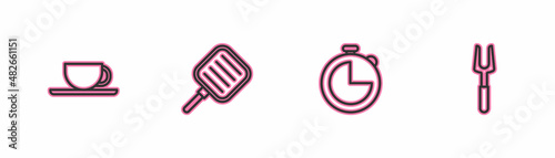Set line Coffee cup, Kitchen timer, Frying pan and Barbecue fork icon. Vector