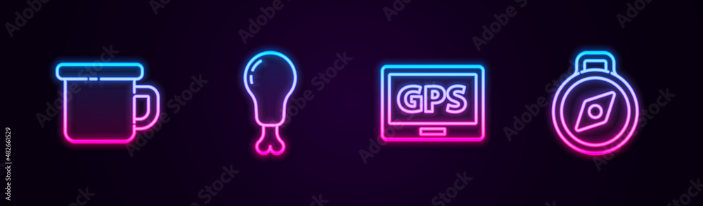Set line Camping metal mug, Chicken leg, Gps device with map and Compass. Glowing neon icon. Vector Set line Camping metal mug, Chicken leg, Gps device with map and Compass. Glowing neon icon. Vector