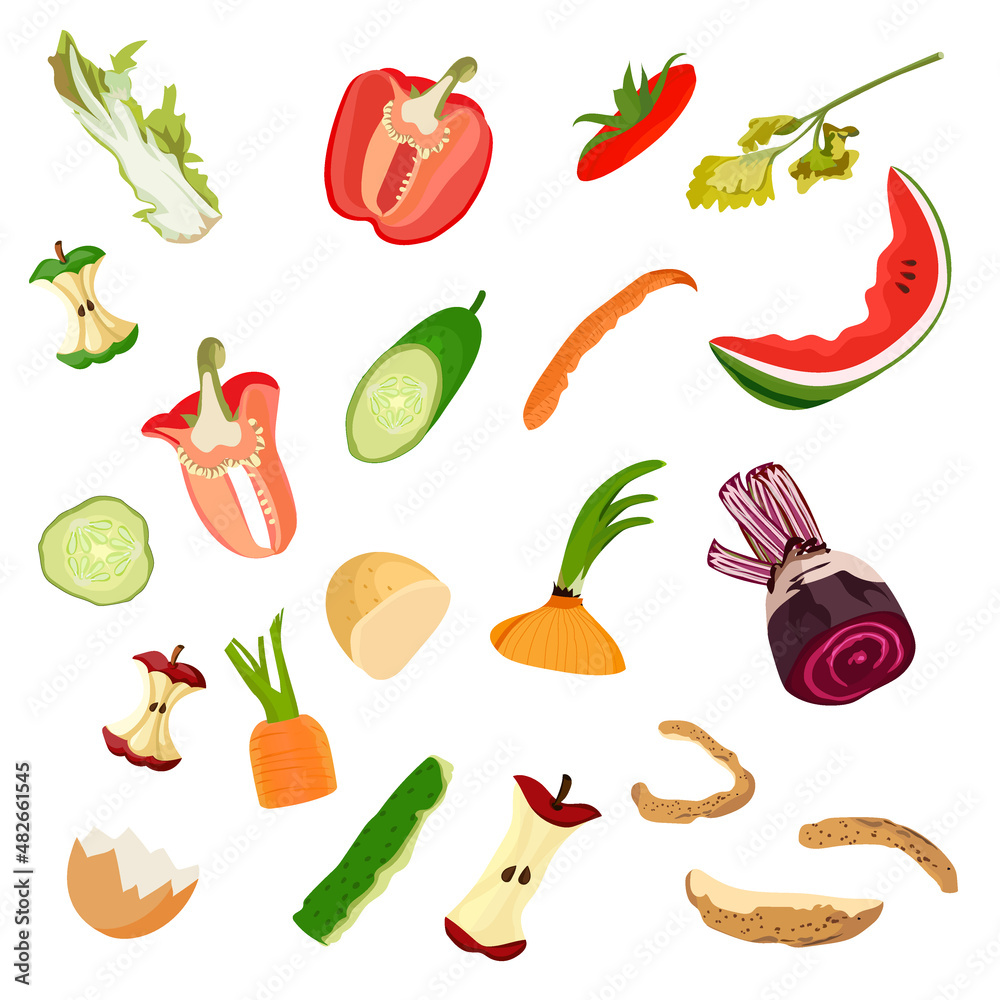 Organic waste, food and home waste used to make compost. Set. Vector illustration. Organic waste, food and home waste used to make compost. Set. Vector illustration.