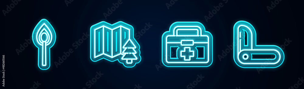Set line Burning match with fire, Location of the forest, First aid kit and Swiss army knife. Glowing neon icon. Vector Set line Burning match with fire, Location of the forest, First aid kit and Swiss army knife. Glowing neon icon. Vector