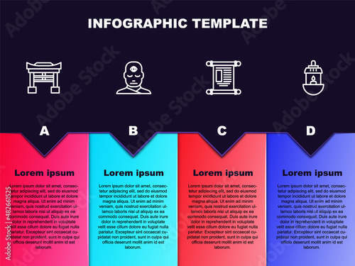 Set line Japan Gate, Man with third eye, Decree, paper, parchment, scroll and Ramadan Kareem lantern. Business infographic template. Vector