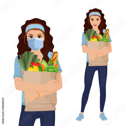 Young woman holding a shopping bag full of healthy food. Vector illustration isolated on white background.