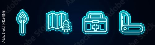 Set line Burning match with fire, Location of the forest, First aid kit and Swiss army knife. Glowing neon icon. Vector