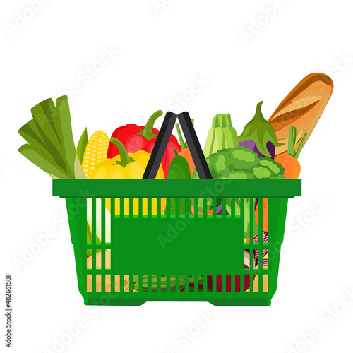 Products in shopping basket. Baguette, fruits and vegetables. Bakery and organic produce, bread and veggies. Isolated on white background. Vector illustration.