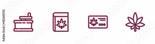 Set line Manual grinder, Calendar and marijuana leaf, Book or cannabis and Marijuana icon. Vector