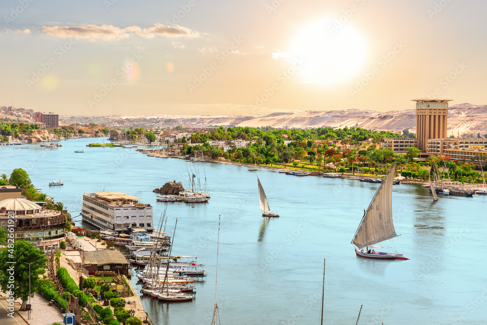 The Nile river, boats and views of Aswan city, Egypt