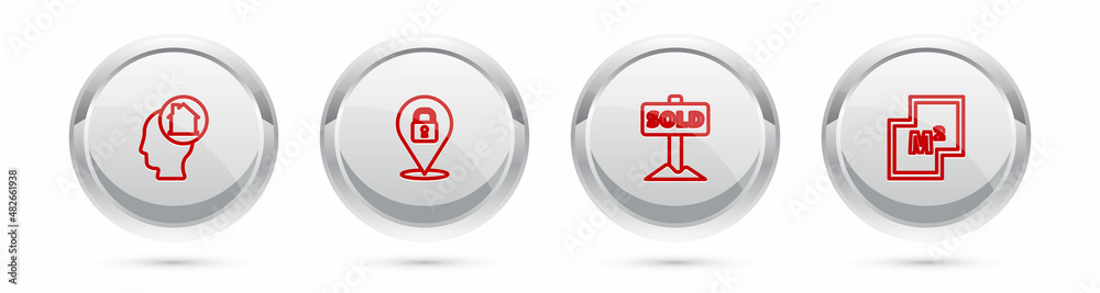 Set line Man dreaming about buying house, Location lock, Hanging sign with text Sold and House plan. Silver circle button. Vector Set line Man dreaming about buying house, Location lock, Hanging sign with text Sold and House plan. Silver circle button. Vector