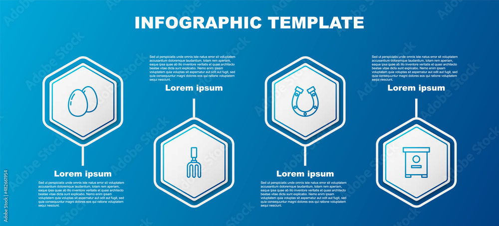 Set line Chicken egg, Garden rake, Horseshoe and Hive for bees. Business infographic template. Vector Set line Chicken egg, Garden rake, Horseshoe and Hive for bees. Business infographic template. Vector