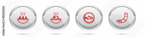 Set line Soup with shrimps, Puffer fish soup, Served on a plate and Shrimp. Silver circle button. Vector