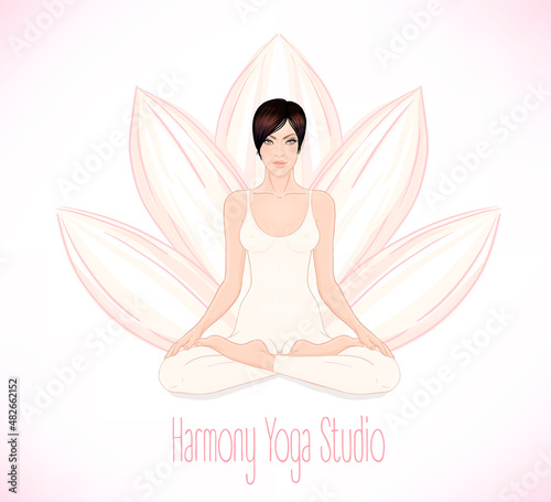 Beautiful Caucasian Brunette Girl sitting in Lotus pose with a flower on background. Vector illustration. Spa consent, yoga studio, or natural medicine clinic.