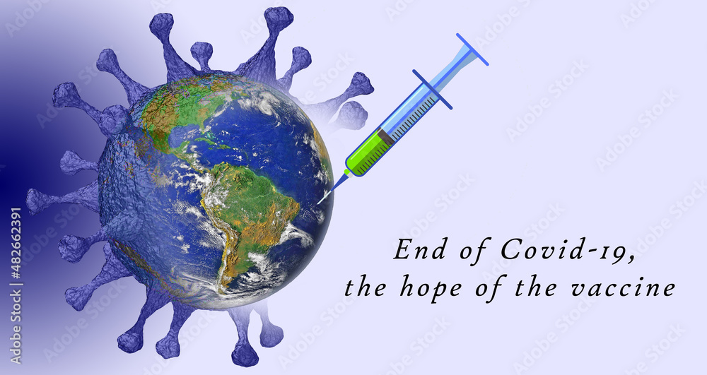 Naklejka premium End of Covid-19, the hope of the vaccine. The planet earth cleared of the pandemic