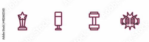 Set line Award cup, Dumbbell, Punching bag and boxing gloves icon. Vector
