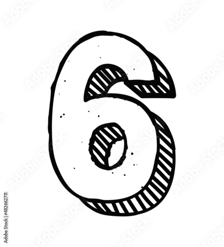 Hand drawn number concept. Sloppy sticker with number 6, six with shadow of strokes. Design element for enumerations and social networks. Cartoon flat vector illustration isolated on white background