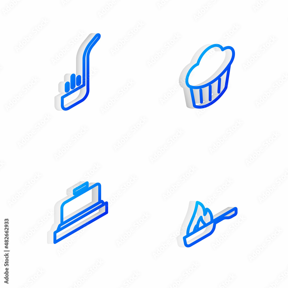 Set Isometric line Cupcake, Kitchen ladle, Hotel service bell and Frying pan icon. Vector Set Isometric line Cupcake, Kitchen ladle, Hotel service bell and Frying pan icon. Vector
