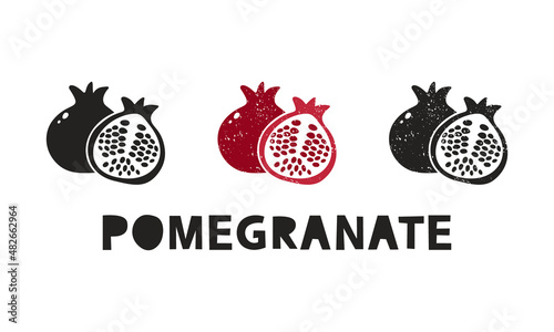 Pomegranate, silhouette icons set with lettering. Imitation of stamp, print with scuffs. Simple black shape and color vector illustration. Hand drawn isolated elements on white background