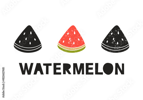 Watermelon, silhouette icons set with lettering. Imitation of stamp, print with scuffs. Simple black shape and color vector illustration. Hand drawn isolated elements on white background