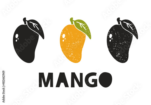 Mango, silhouette icons set with lettering. Imitation of stamp, print with scuffs. Simple black shape and color vector illustration. Hand drawn isolated elements on white background