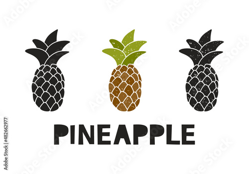 Pineapple, silhouette icons set with lettering. Imitation of stamp, print with scuffs. Simple black shape and color vector illustration. Hand drawn isolated elements on white background