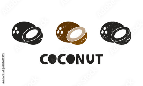 Coconut, silhouette icons set with lettering. Imitation of stamp, print with scuffs. Simple black shape and color vector illustration. Hand drawn isolated elements on white background