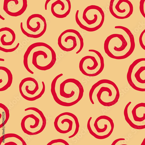 Seamless pattern with red curls on beige background. Vector design for textile, backgrounds, clothes, wrapping paper, fabric and wallpaper. Fashion illustration seamless pattern.